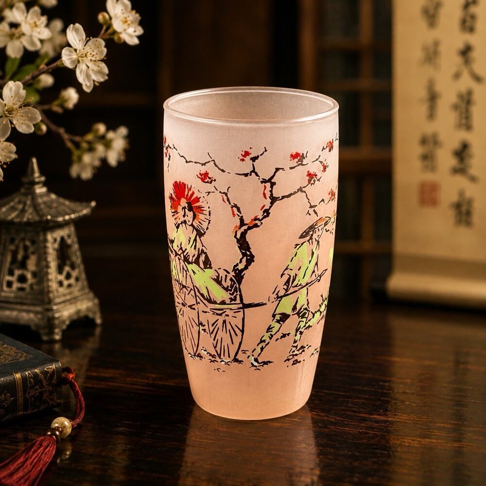 Frosted Asian Geisha Drinkware Highball Tumbler Satin Glass 5” Peach Pink